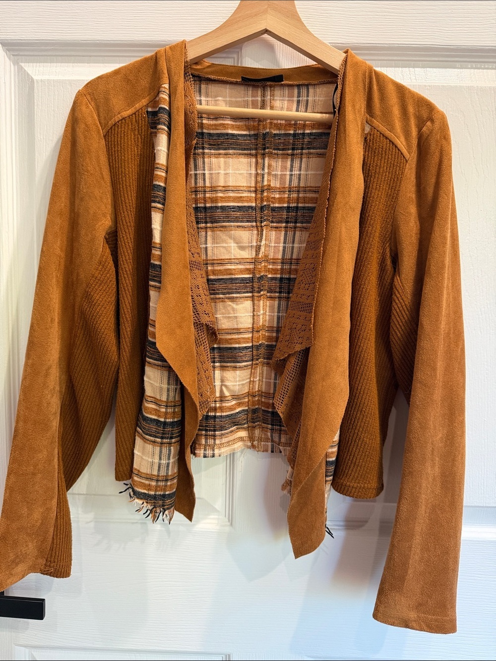 Miss Me Cognac Open-Front Suede-Look Jacket with Plaid Lining